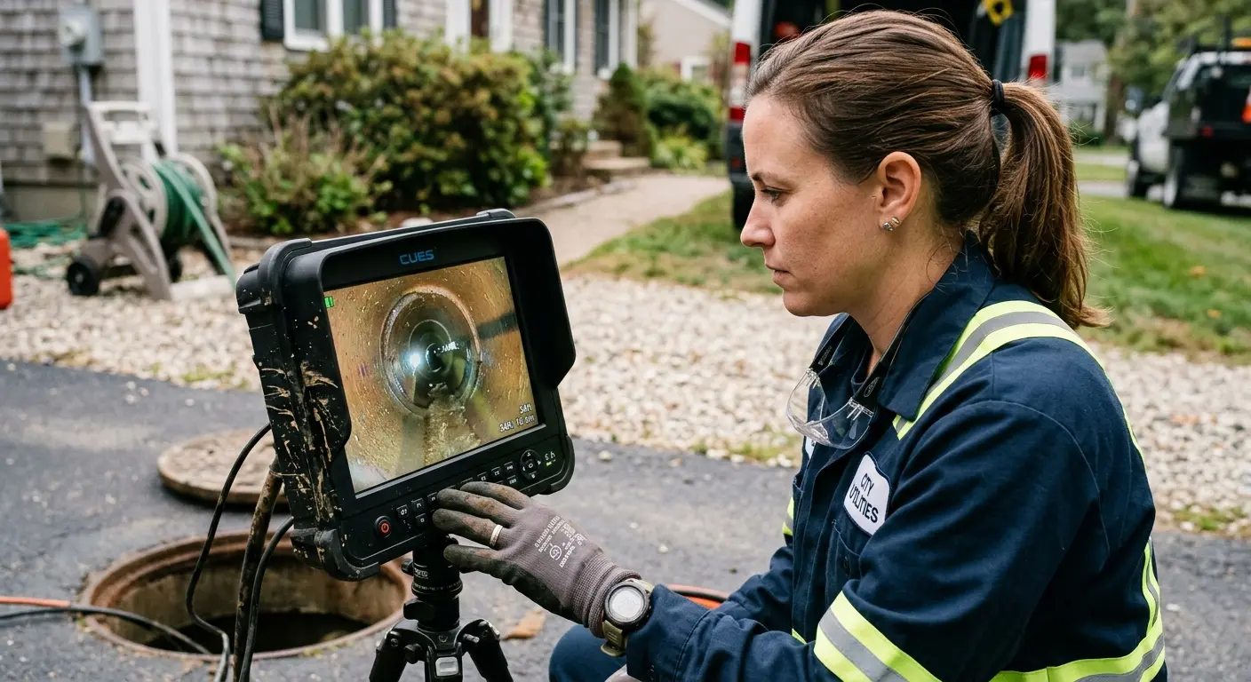 Technician reviewing sewer camera inspection footage in Menifee