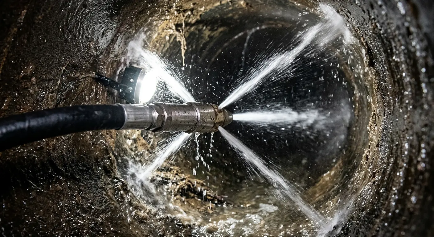 High-pressure hydro jetting nozzle cleaning sewer pipe for Trenchless Sewer Repair in Menifee
