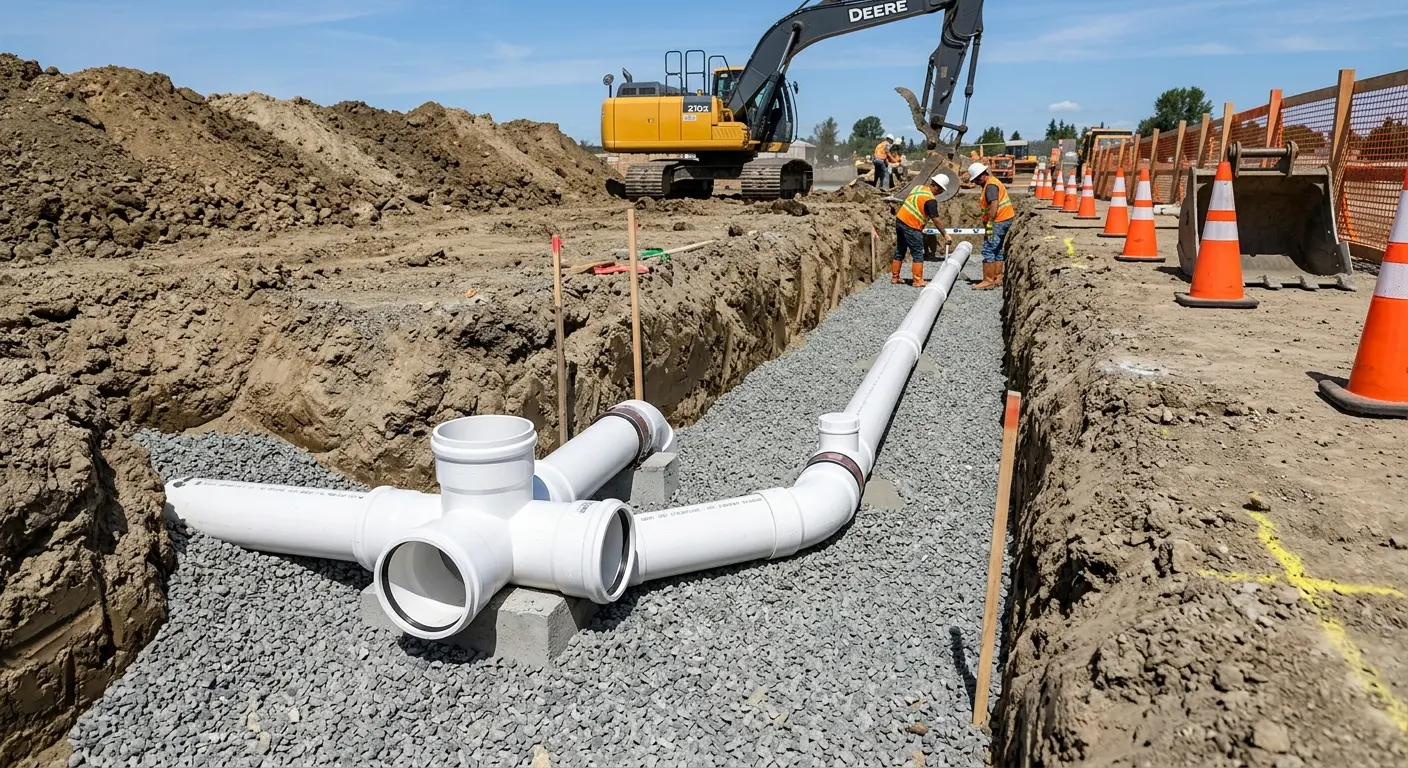 New PVC sewer pipe installation in open trench for Grease Trap Cleaning in Menifee