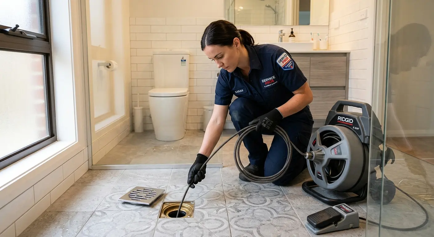 Technician clearing a bathroom floor drain for Sewer Line Installation in Menifee